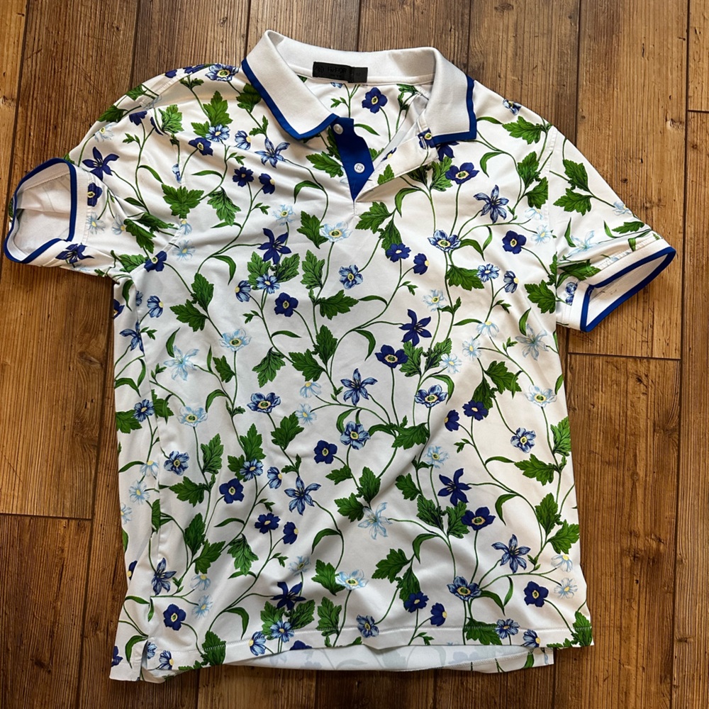 G/FORE White and Blue Floral Polo Shirt